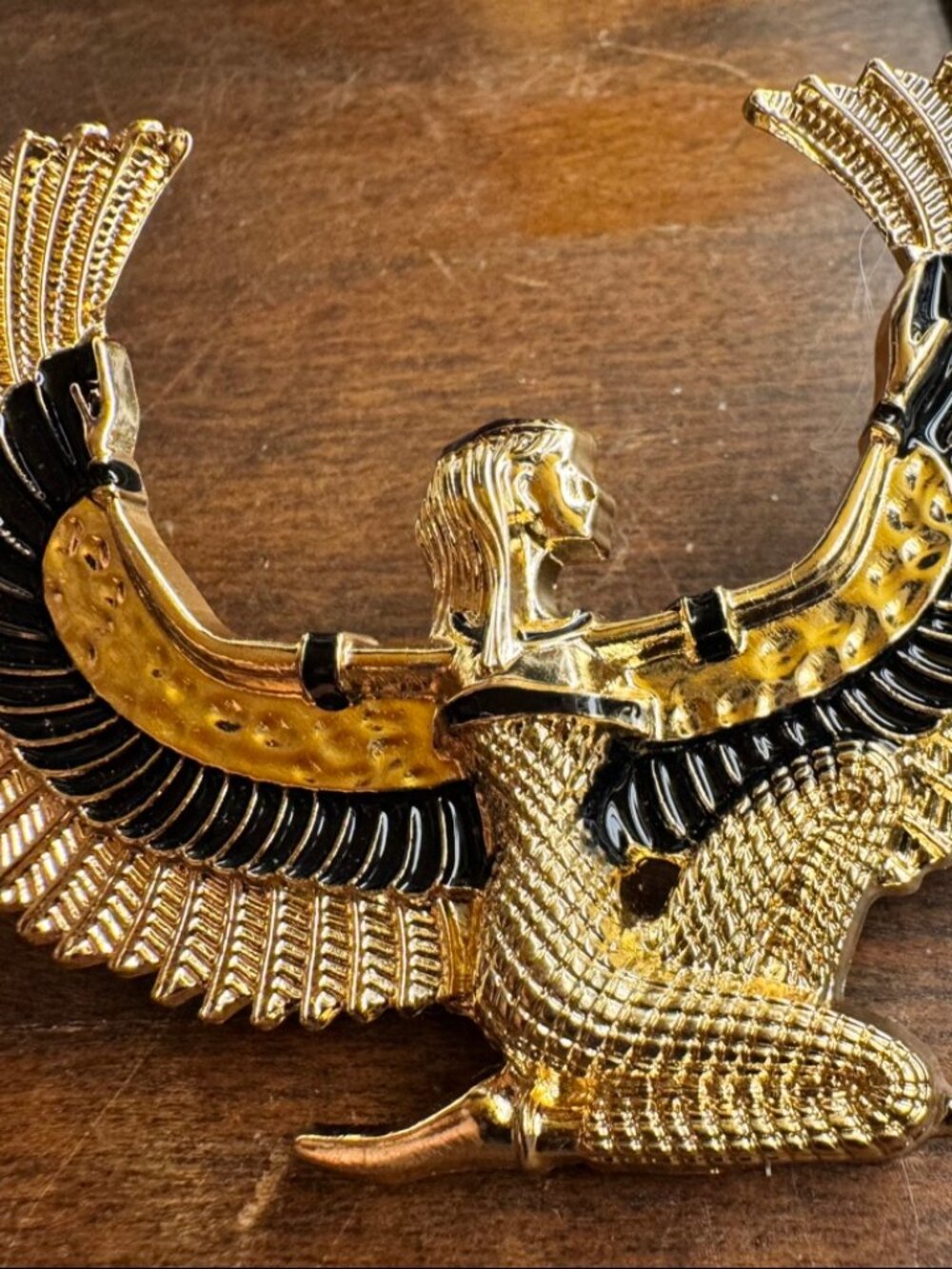 Vintage Egyptian Revival Isis Brooch Black Enamel